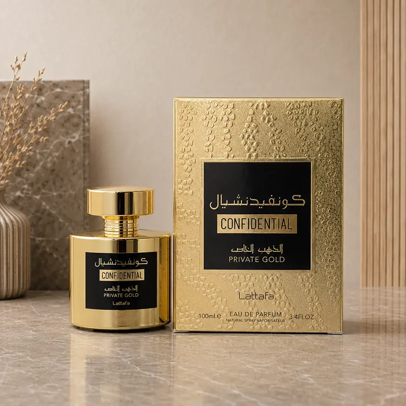 Confidential Private Gold bottle beside its textured 100 ml Eau de Parfum box.