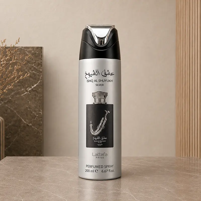 Silver Ishq Al Shuyukh Silver 200 ml perfumed spray with black cap.