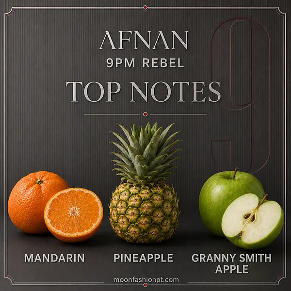 Mandarin, pineapple and Granny Smith apple displayed as Afnan 9PM Rebel top notes