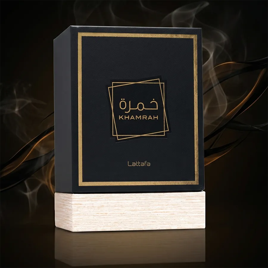 Original Lattafa Khamrah unisex perfume packaging box featuring elegant black and gold branding details.