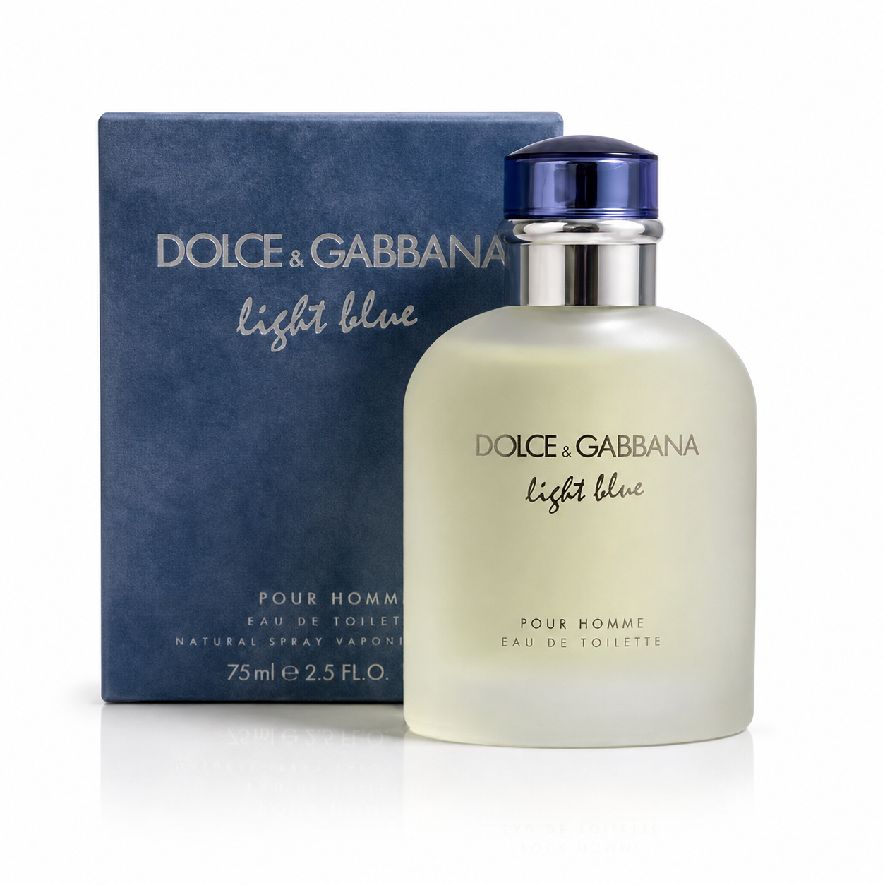 Dolce&Gabbana Light Blue Pour Homme 75ml bottle in front of its dark blue box on a neutral background.