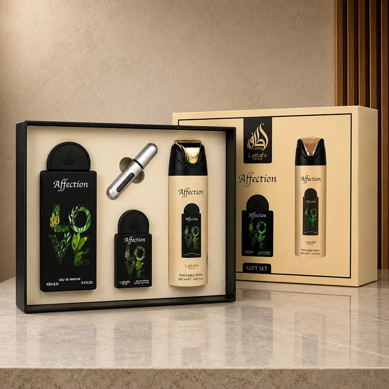 Open Affection presentation box displaying black EDP bottles, cream perfumed spray and silver atomiser.