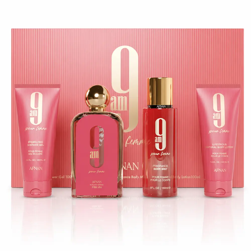 Boxed Afnan 9 AM Pour Femme gift set with EDP, body mist, body lotion and shower gel