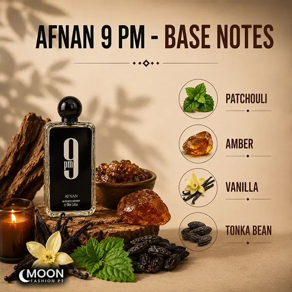Base notes composition of Afnan 9 PM featuring amber, vanilla, patchouli, and tonka bean.