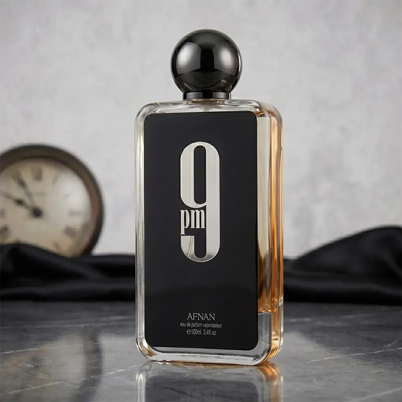 Elegant front view of Afnan 9 PM Eau de Parfum bottle with refined masculine styling.