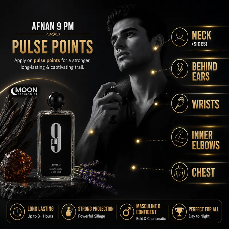 Lifestyle guide showing pulse points for applying Afnan 9 PM fragrance for stronger projection.