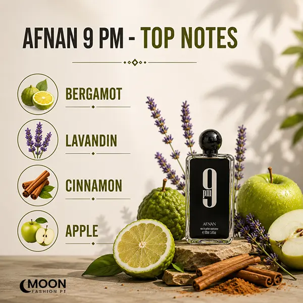 Fragrance notes graphic of Afnan 9 PM with bergamot, lavandin, cinnamon, and apple accords.