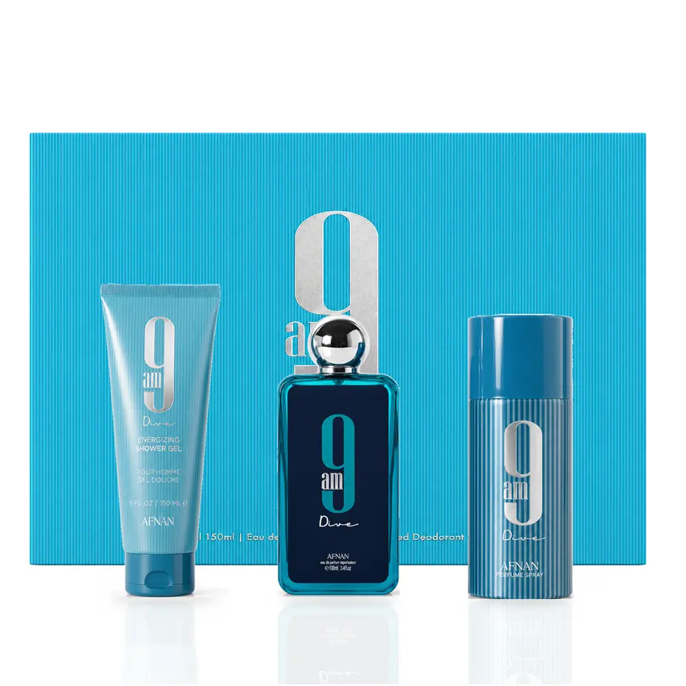 Complete Afnan 9AM Dive gift set arranged before its blue box on a white reflective background.