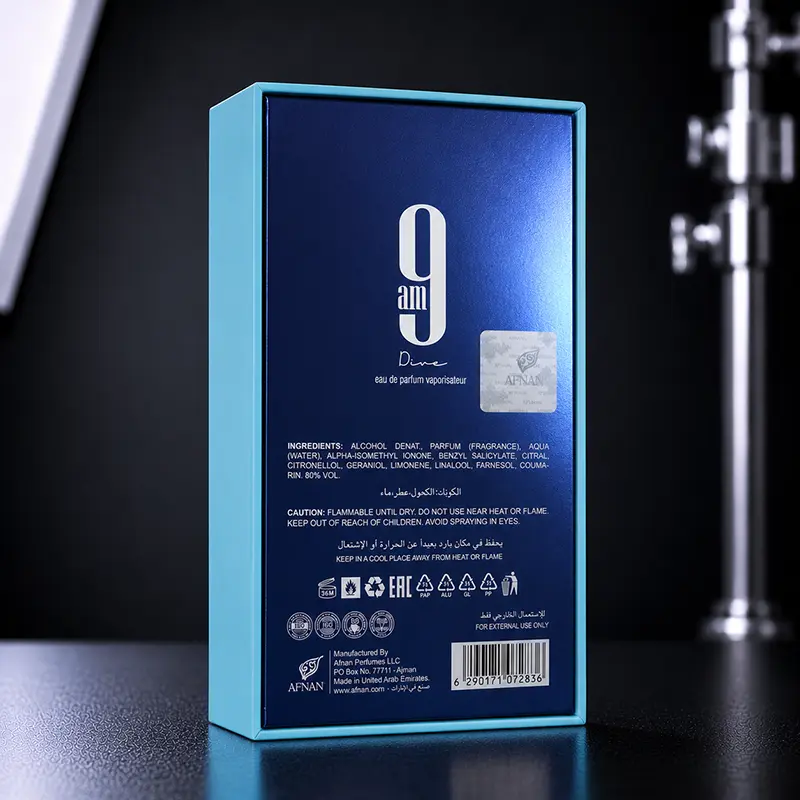 Detailed rear view of the Afnan 9 AM Dive packaging, showcasing the authentic product box and design elements.