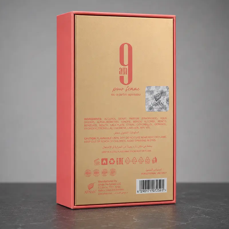 Detailed rear view of the official packaging for 9 AM Pour Femme featuring ingredient information.