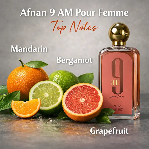 Vibrant olfactory breakdown showing fresh mandarin and bergamot top notes for the fragrance.