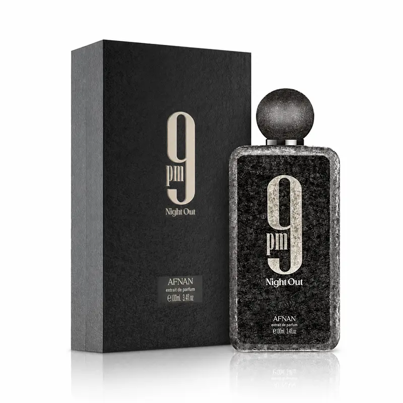 Afnan 9PM Night Out Extrait de Parfum 100ml bottle and black box on a clean white reflective background.