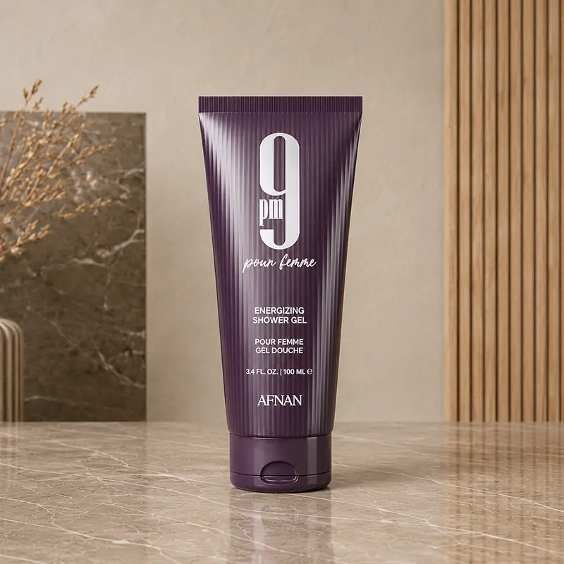 Purple 100 ml shower gel tube from the Afnan 9 PM Pour Femme gift set.