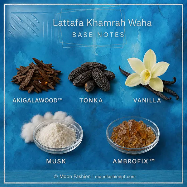 Akigalawood, tonka beans, vanilla, musk and Ambrofix displayed as the Khamrah Waha base notes.