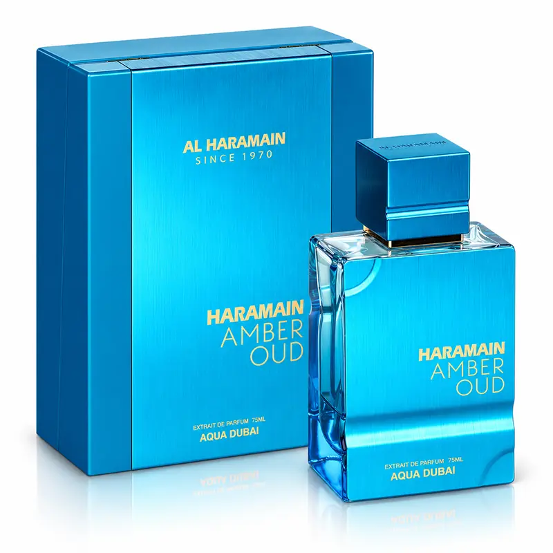 Al Haramain Amber Oud Aqua Dubai 75ml Extrait de Parfum bottle with matching aqua box.
