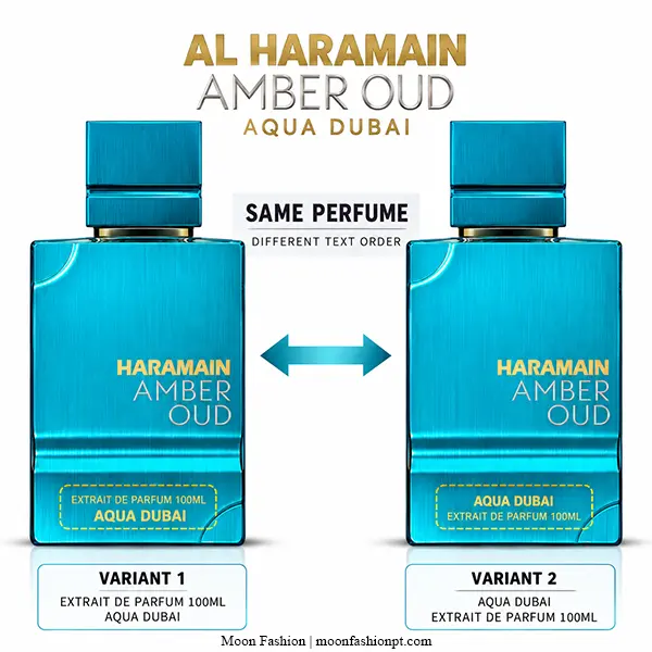 Two Amber Oud Aqua Dubai 100ml bottle fronts showing the documented difference in front text order.