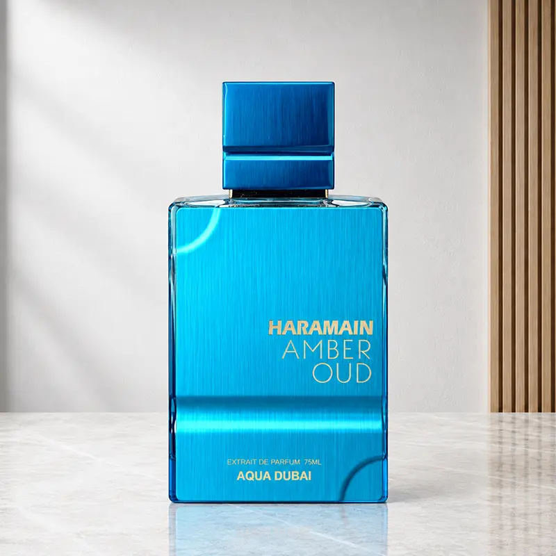 Front view of Al Haramain Amber Oud Aqua Dubai 75ml Extrait de Parfum bottle.
