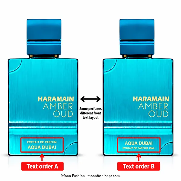 Two Amber Oud Aqua Dubai 75ml bottle fronts showing the documented difference in front text order.