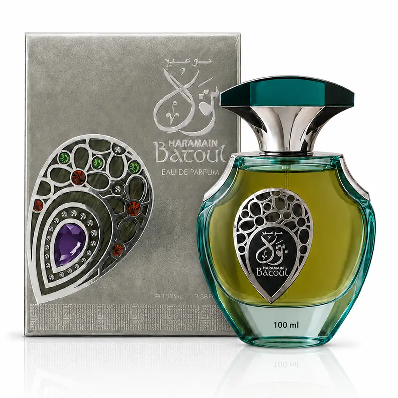 Bottle and metallic box for Al Haramain Batoul 100ml displayed on a white reflective background.