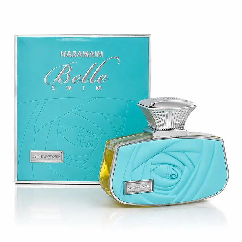 Al Haramain Belle Swim 75ml bottle and turquoise box on a white background with soft reflection