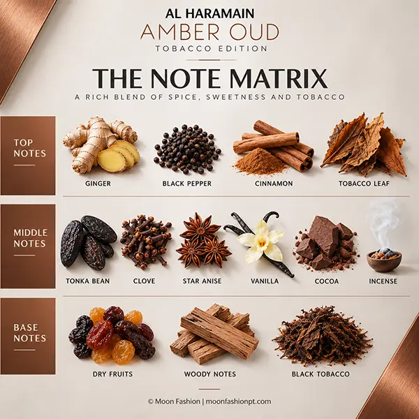 Note matrix showing top, middle and base notes for Al Haramain Amber Oud Tobacco Edition.