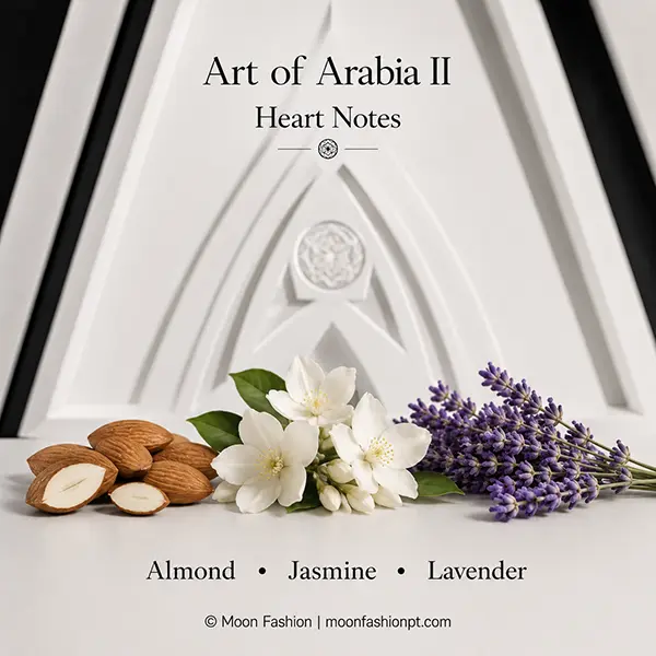 Heart notes graphic for Art of Arabia II showing almond, jasmine and lavender.