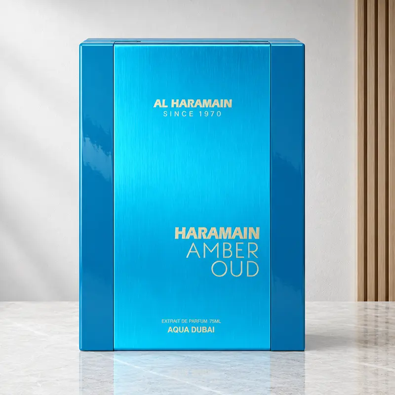 Front view of the Al Haramain Amber Oud Aqua Dubai 75ml presentation box.