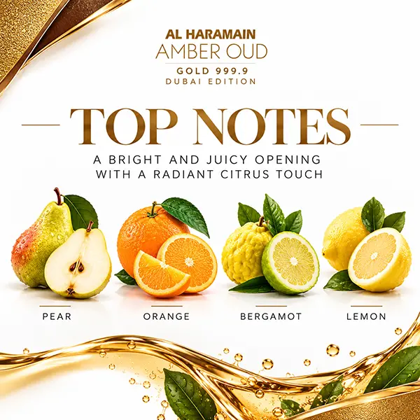 Pear, orange, bergamot and lemon illustrated as the opening notes of Amber Oud Gold Dubai Edition.