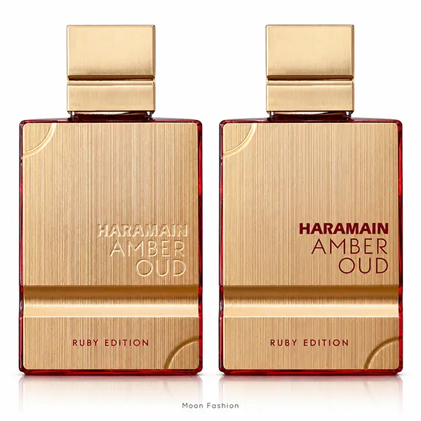 Two Amber Oud Ruby Edition bottles side by side with light-metallic and dark-red front lettering.