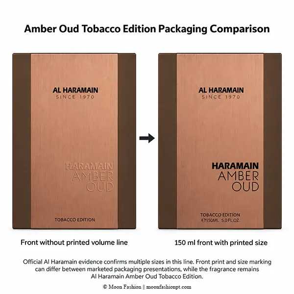 Two Amber Oud Tobacco Edition box fronts comparing volume-neutral and 150ml printed packaging.