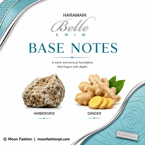 Belle Swim base notes graphic showing ambergris and ginger on a white background