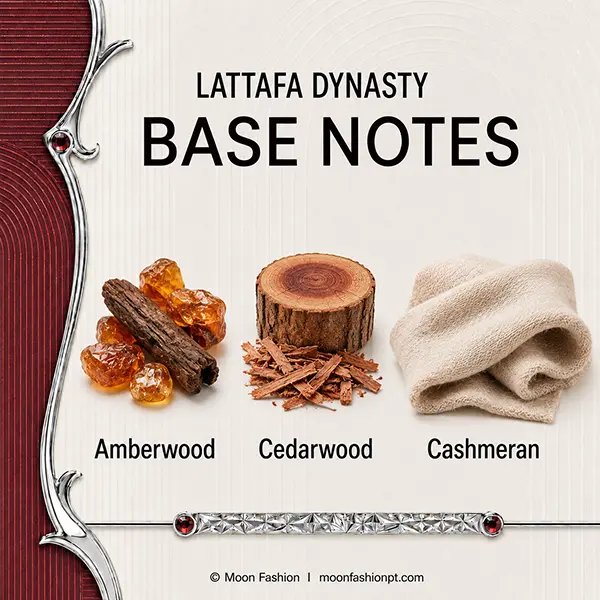 Amberwood, cedarwood and cashmeran illustrated as the base notes of Lattafa Dynasty