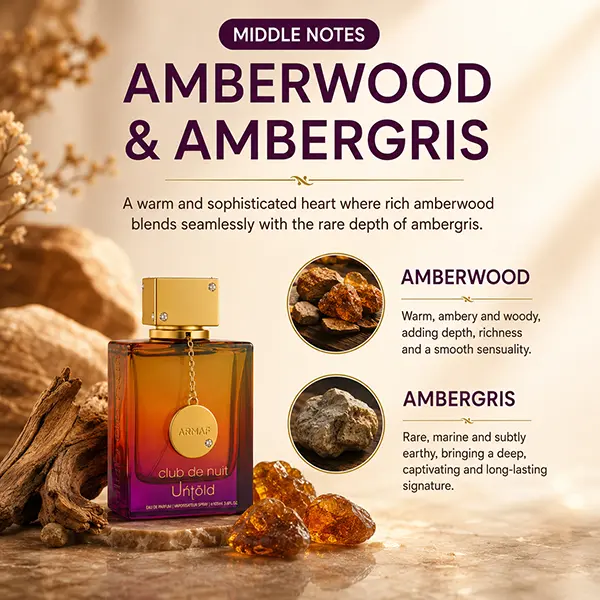 The robust amberwood heart of Armaf Untold masculine edition delivers a lasting aura.