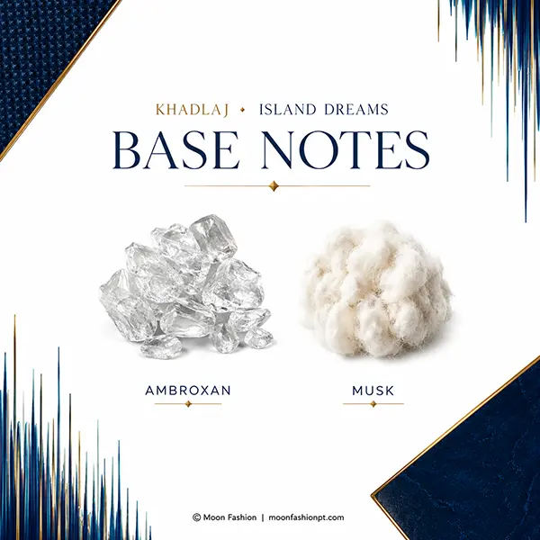 Island Dreams base notes graphic showing ambroxan and musk on a white branded layout.