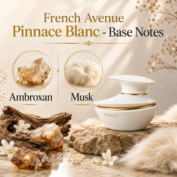 Base notes composition artwork for Pinnace Blanc with ambroxan and musk fragrance elements.