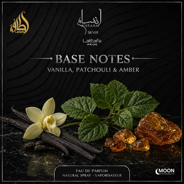 Vanilla orchid blossom, dark pods, green patchouli leaves, and warm amber resin pieces on a dark reflective surface.