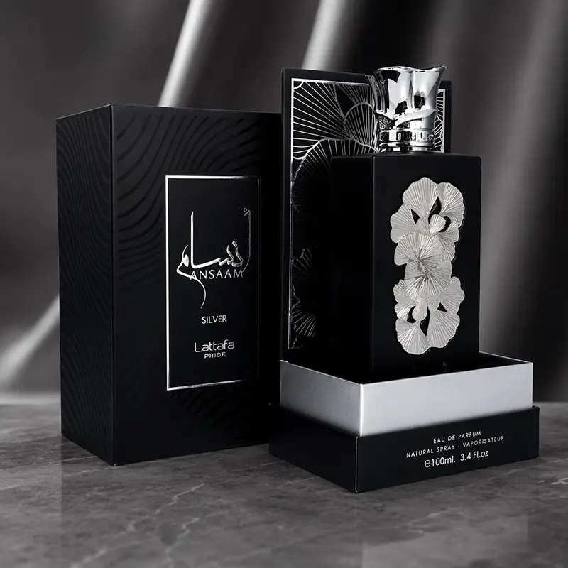 Open silver and black slide-out presentation display box holding the 100ml Eau de Parfum spray flask.
