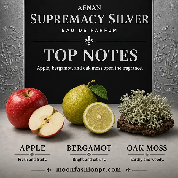 Apple, bergamot and oak moss present the top notes of Afnan Supremacy Silver Eau de Parfum