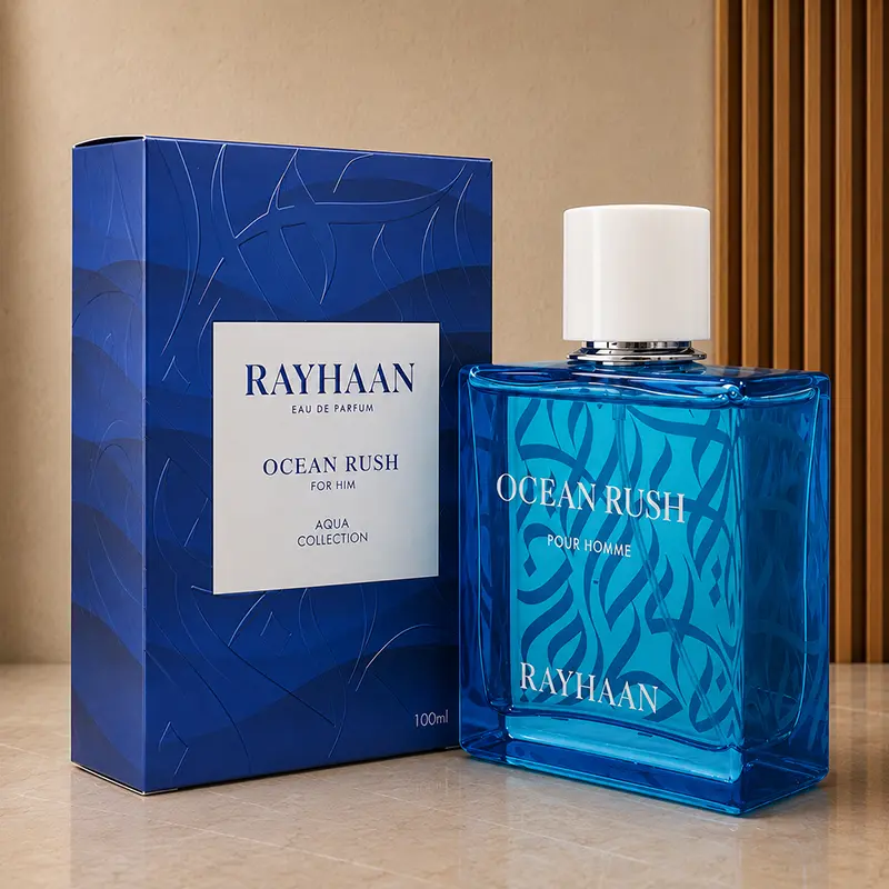 Rayhaan Ocean Rush blue bottle and Aqua Collection 100ml box viewed at an angle