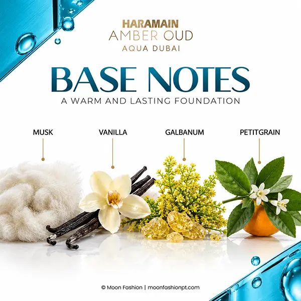 Base notes of Amber Oud Aqua Dubai with musk, vanilla, galbanum and petitgrain.