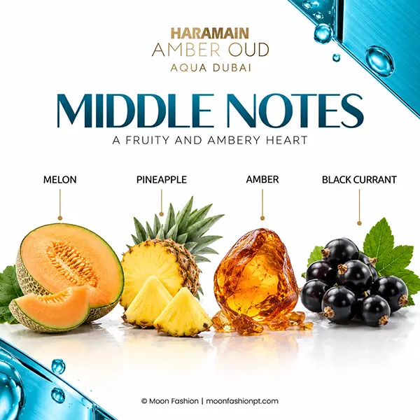 Middle notes of Amber Oud Aqua Dubai with melon, pineapple, amber and black currant.