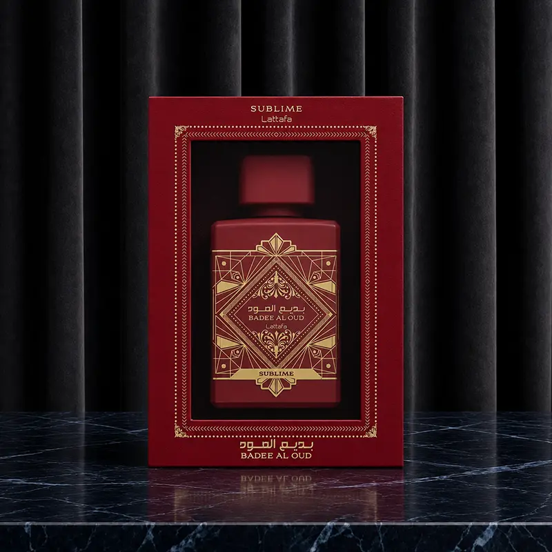 Front view of the premium display window box showing the enclosed 100ml unisex fragrance container inside.