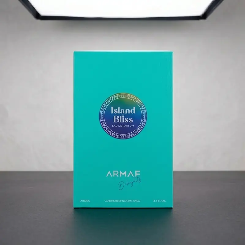 Elegant packaging closeup of Armaf Island Bliss parfum box with refined luxury branding.