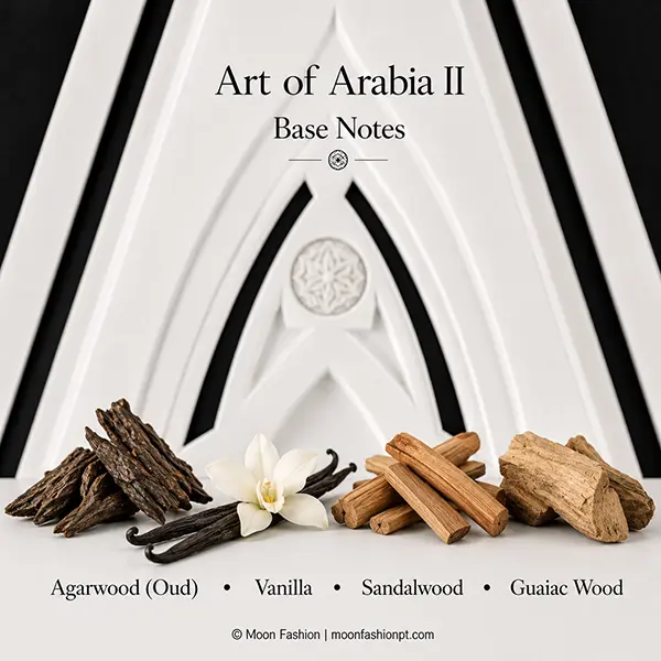 Base notes graphic with agarwood, vanilla, sandalwood and guaiac wood for Art of Arabia II.