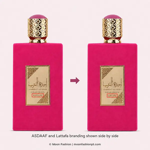 ASDAAF and Lattafa names outlined in red on two pink Sugar Crown bottles, shown side by side with an arrow.