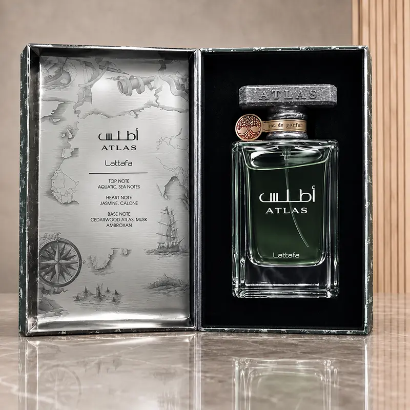 Open Lattafa Atlas presentation box with bottle, black insert and silver nautical inner panel