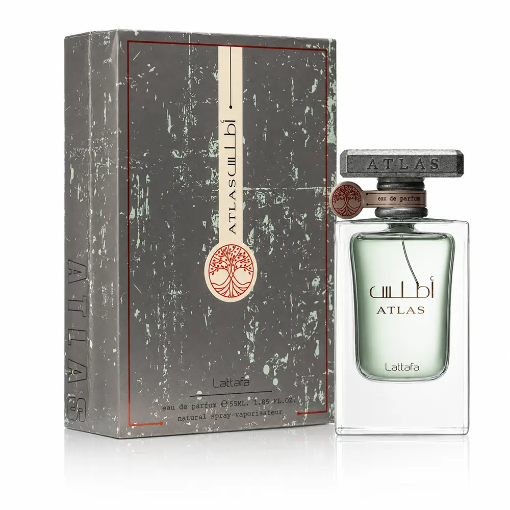 Lattafa Atlas bottle and outer box together on white with a soft shadow and reflection