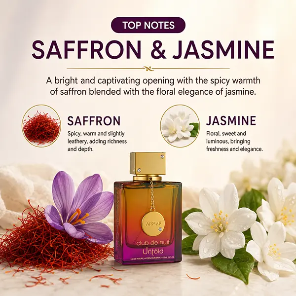 Vibrant saffron opening of the Armaf Untold Eau de Parfum, a true luxury addition.