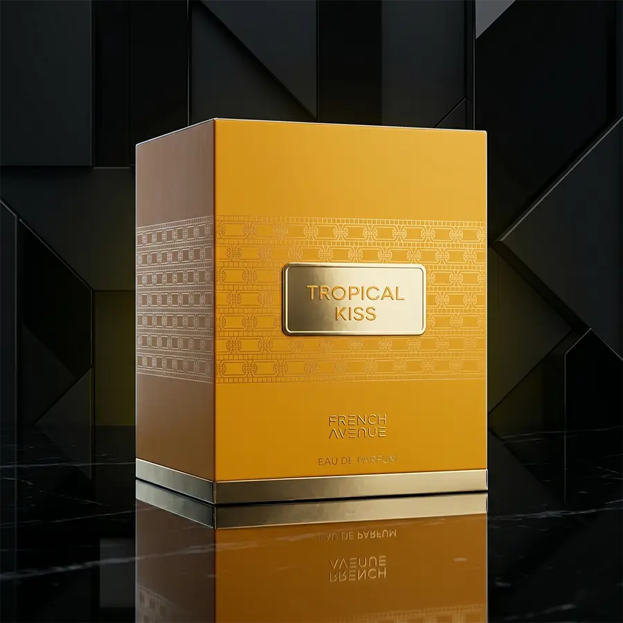 Authentic packaging for French Avenue Tropical Kiss, a sophisticated European feminine fragrance for women.