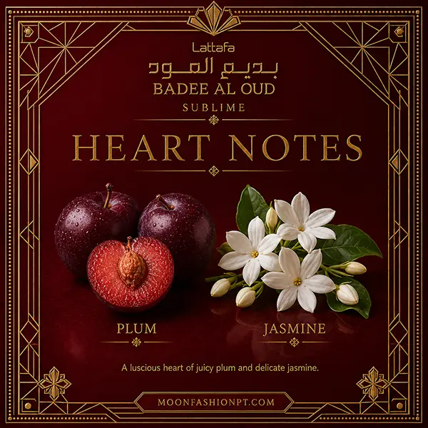 Official mid notes graphic for Bade'e Al Oud Sublime showing dark purple plums and white jasmine flowers.